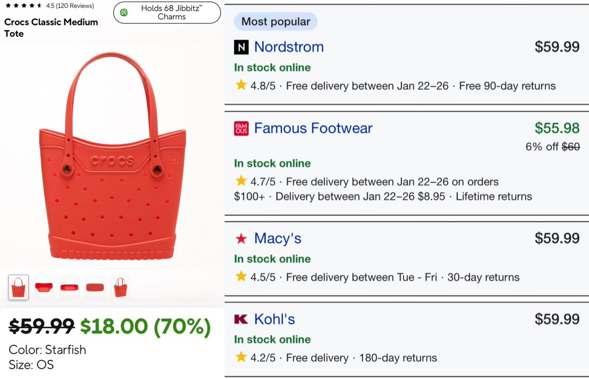 $60 CROCS TOTE BAG FOR ONLY $18

Crocs has the classic medium tote bag for $42 off

Selling for $55+ at other stores online

Low stock, will sell out fast

mavely.app.link/4MBumc5L0Zb