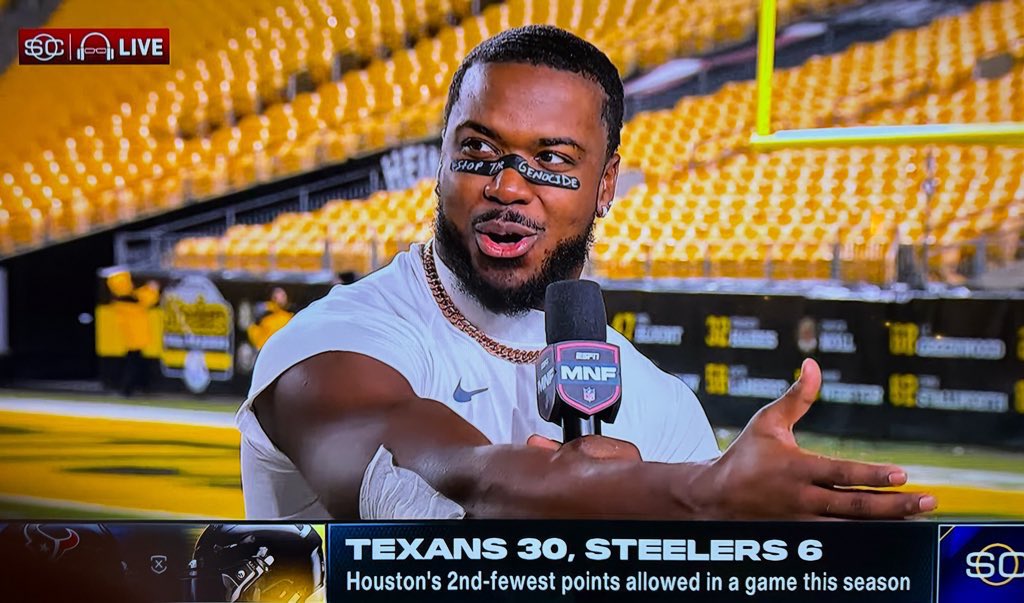 JonnyRoot_'s tweet image. This is one of the most egregious double standards in the history of the NFL…

Last season, the NFL fined 49ers DE Nick Bosa over $11k for wearing a MAGA hat postgame.

During &amp;amp; after their Wild Card game, Texans LB &amp;amp; Muslim, Azeez Al-Shaair wore anti-Israel eyeblack that said…