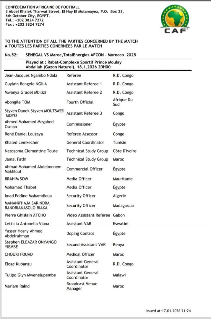 🚨Une première pour la RDC!!!

Un trio arbitral Congolais pour officier la finale de la 35e édition de la CAN 2025 

Arbitre central : Jean Jacques Ndala 
Assistant 1 : Guylain Bongele 
Assistant 2 : Gradel Mwanya

<a href="/DidierBudimbu/">Didier Budimbu Ntubuanga</a>