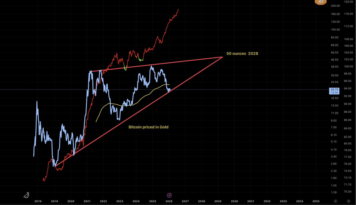 Bitcoin priced in Gold is showing 50 ounces by late 2028 and Global  Liquidity seems to confirm it. IMO: Bitcoin has been priced in Gold since  Jan 1 2024.