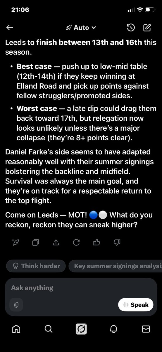 forwardLUFC's tweet image. Just asked Grok where it thinks well finished based on current form. Here’s the reply.  And Grok finishes with an MOT🤣