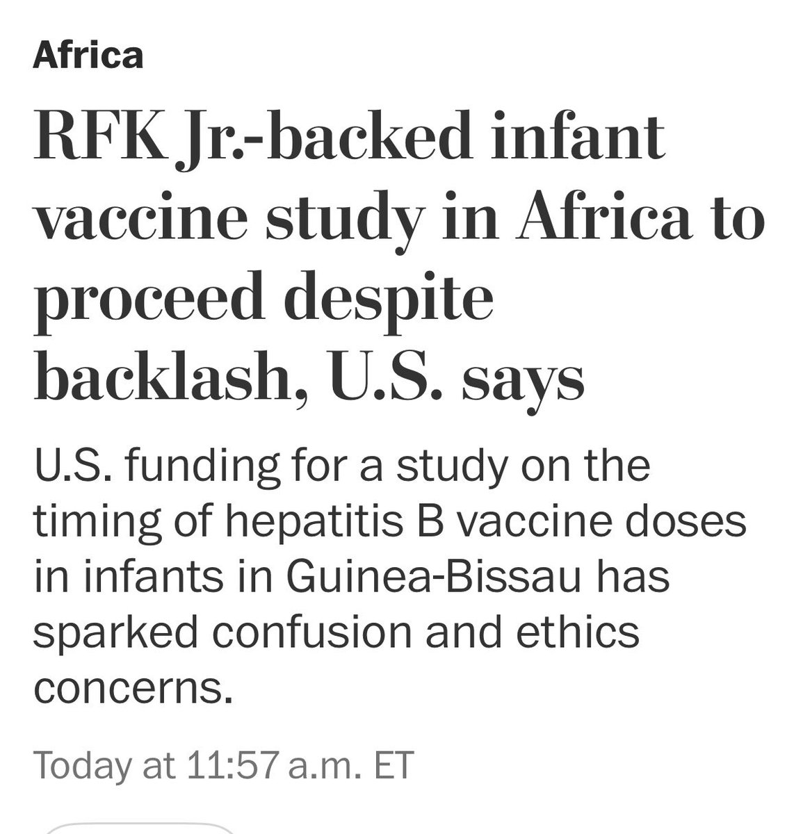 After conflicting accounts the Department of HHS confirms the experiment on babies in Guinea-Bissau. 
Here’s the story with no paywall. You’re welcome. 

archive.today/FjQ70