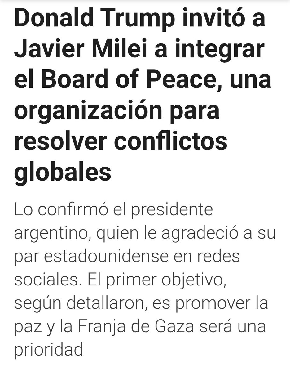 Rafa_Libertario's tweet image. Donald Trump invitó a @JMilei a formar parte del "Board of Peace", una organización creada para promover la paz en zonas de conflicto...
Felicitaciones Presidente 👏 
VLLC.