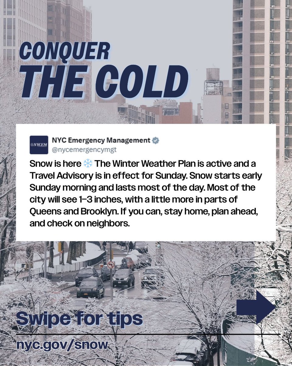 nycemergencymgt's tweet image. ❄️ Winter Weather Update ❄️

The City is activating its Winter Weather Emergency Plan and issuing a Travel Advisory for Sunday.

Today: Some areas may see up to 1 inch of snow, ending by mid to late afternoon.
Sunday: Snow begins around 5–6 AM and continues through the day,…