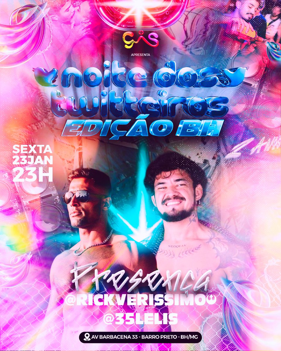 Hoje é dose dupla 💥

Eles estão fazendo sucesso juntos e chegam pra dominar a noite.

Noite dos Twitteiros – Edição BH
Sexta dia 23 | 23h
No Barro Preto – BH

Presenças:
<a href="/rickverissimo_/">RICK VERISSIMO</a> 
<a href="/35Lelis/">Lélis Mendes l 🔞🇧🇷</a>

Quem vai perder? 

Ingressos:

sympla.com.br/evento/noite-d…