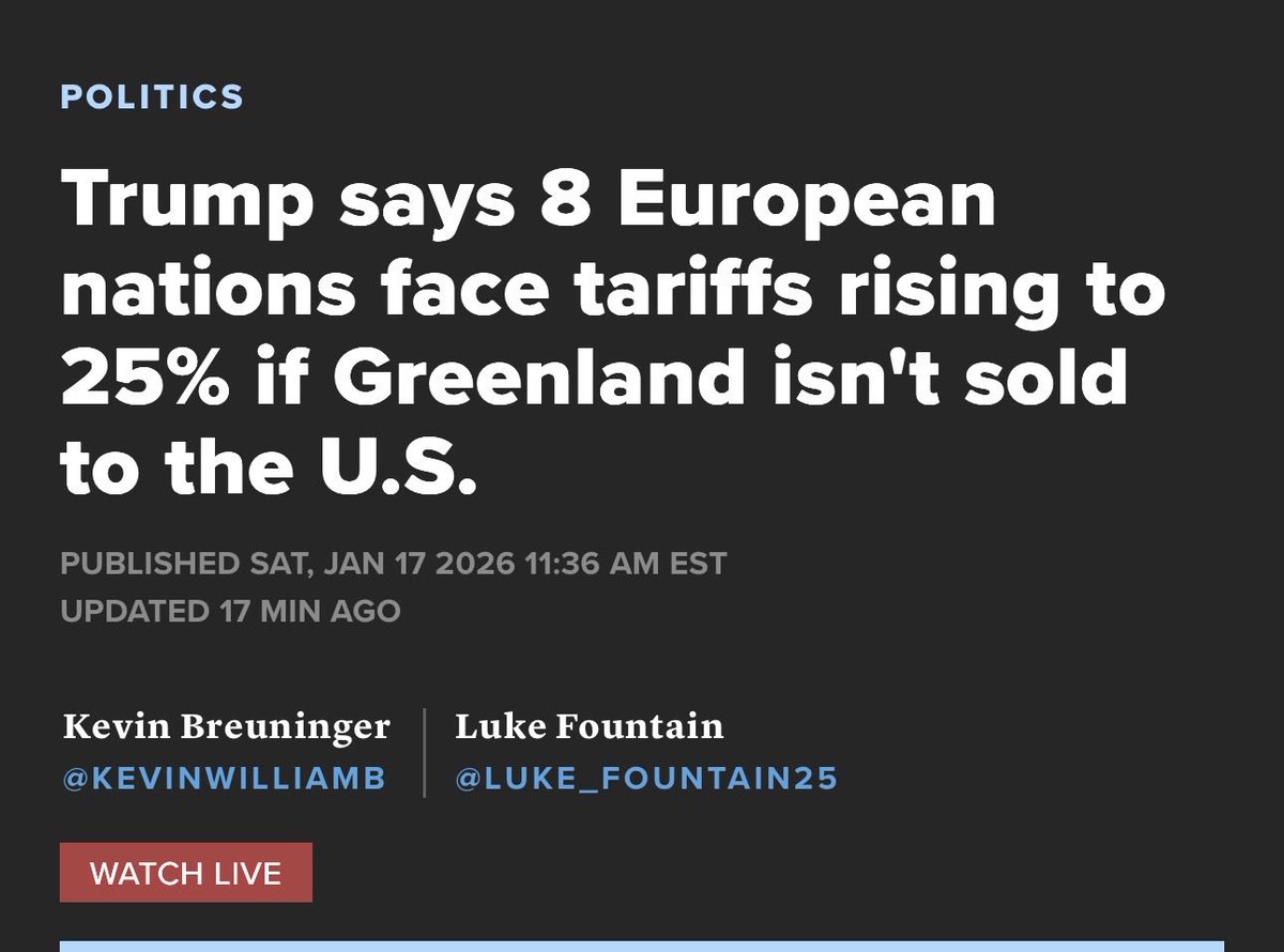 🇺🇸 threatens to tax its own citizens 25% on EU purchases if the EU doesn’t support selling Greenland. 

Europe’s largest single export to 🇺🇸 is pharmaceuticals. 

The penalty for not supporting the sale of Greenland is Americans pay more for healthcare. 

cnbc.com/2026/01/17/tru…