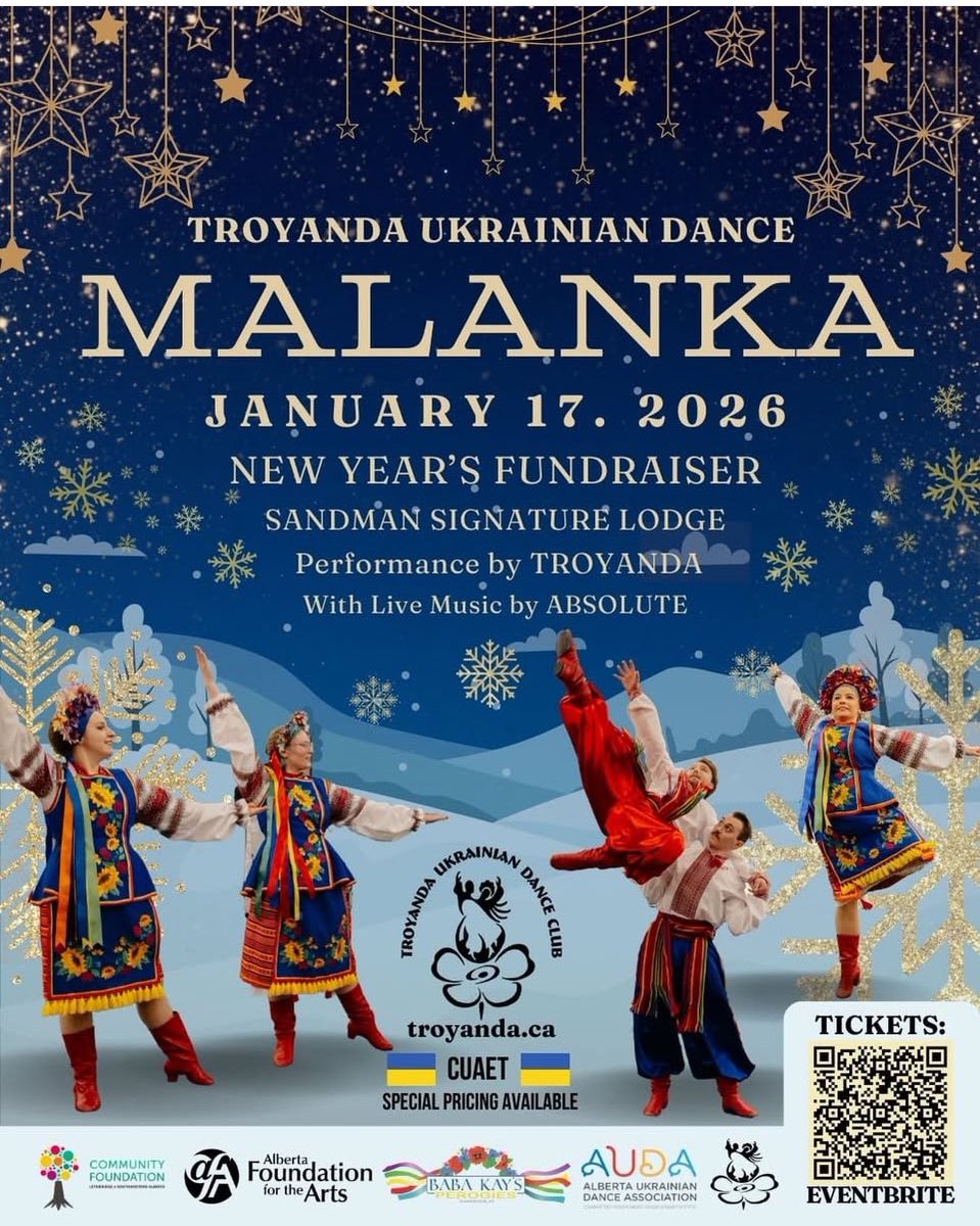 Troyanda_Leth's tweet photo. Only a few tickets left for Malanka tonight! https://t.co/1oYthgosa5 We have Zabava (Party)tickets available as well for entry after 8pm. Party tickets include the live band, dancing, silent auction, and midnight lunch. #Lethbridge #LastminuteLethbridge #YQL #Malanka2026 https://t.co/bNpvqHEwqp