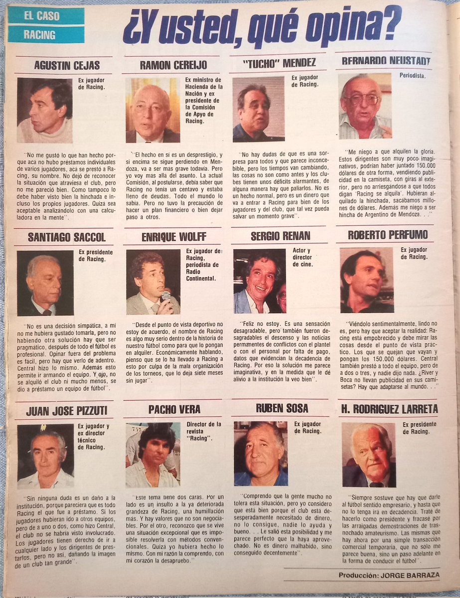 floodatmoret's tweet image. El caso Racing:
Después del ascenso del '85 y con la reestructuración, Racing iba a estar casi 7 meses sin jugar, por eso decide alquilar el equipo al club Argentino de Mendoza; estas son las opiniones de ex jugadores, ex dirigentes, periodistas, etc. para la revista El Gráfico.
