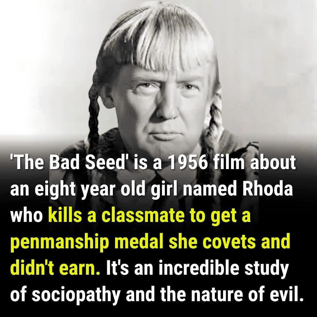 This explains everything about our weak leader, our so-called illegitimate president accepting that noble peace prize that he didn’t earn stamping his name on somebody else’s legacy no shame definitely Rhoda from the bad seed