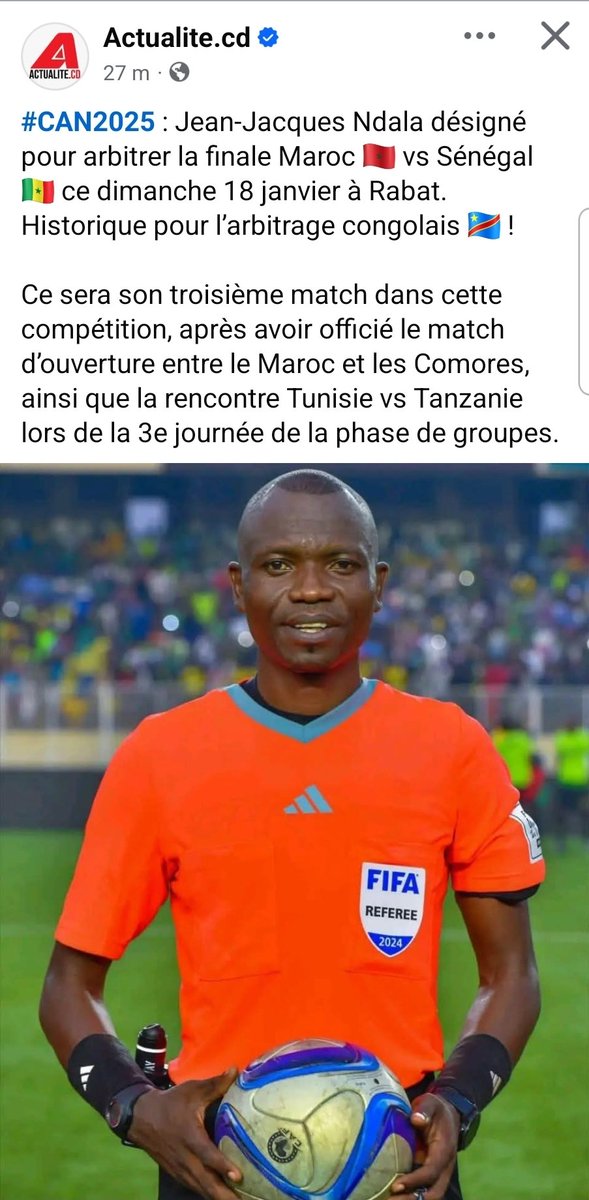 StanysBujakera's tweet image. #CAN2026: #CAN2025 : Jean-Jacques Ndala désigné pour arbitrer la finale Maroc 🇲🇦 vs Sénégal 🇸🇳 ce dimanche 18 janvier à Rabat. Historique pour l’arbitrage congolais 🇨🇩 !

Ce sera son troisième match dans cette compétition, après avoir officié le match d’ouverture entre le Maroc…