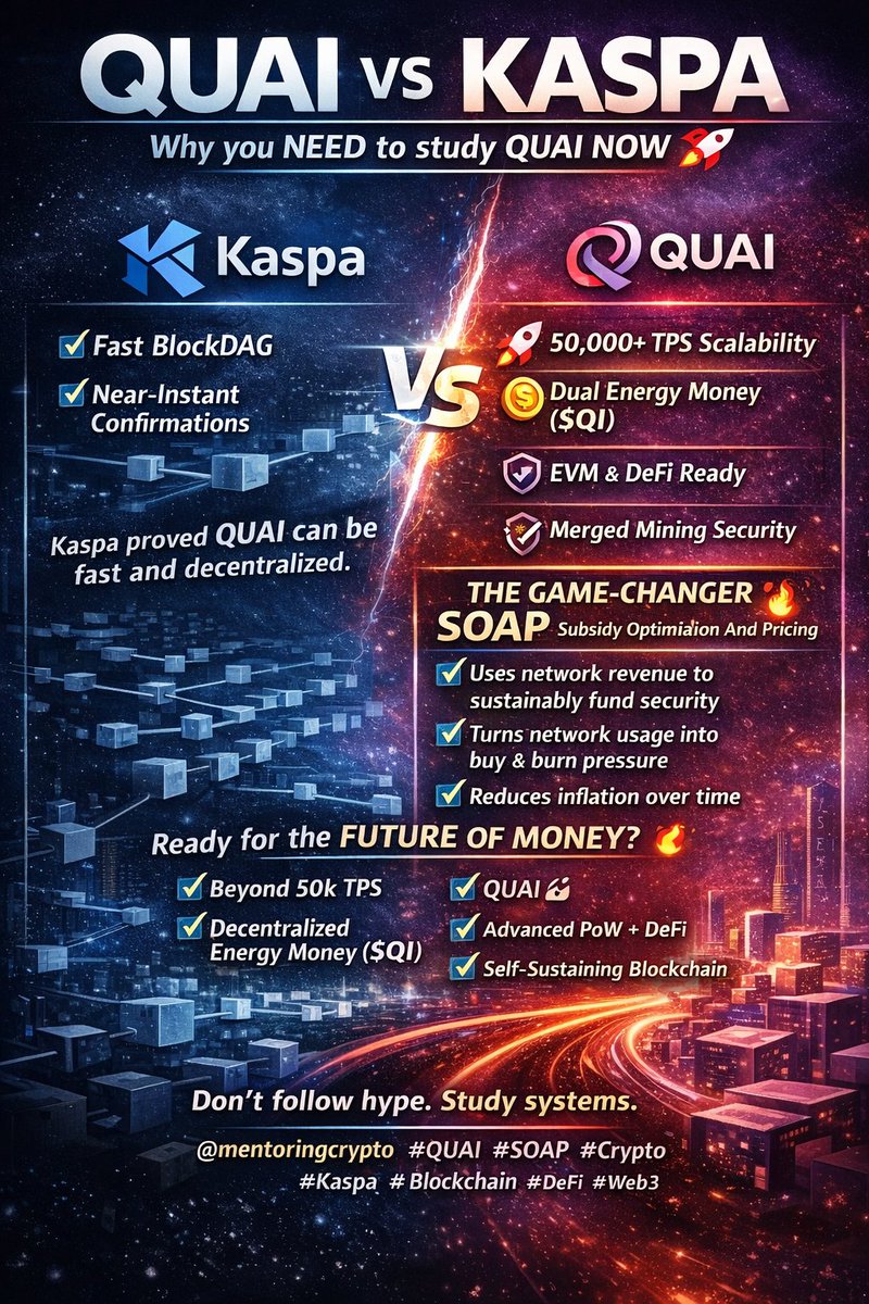 🔥 $QUAI vs $KASPA — Why you need to study QUAI NOW 🚀

If you already know Kaspa — a fast PoW Layer-1 using BlockDAG with near-instant confirmations — you already understand the power of modern Proof of Work.

👉 Kaspa proved that PoW can be fast, efficient, and decentralized.