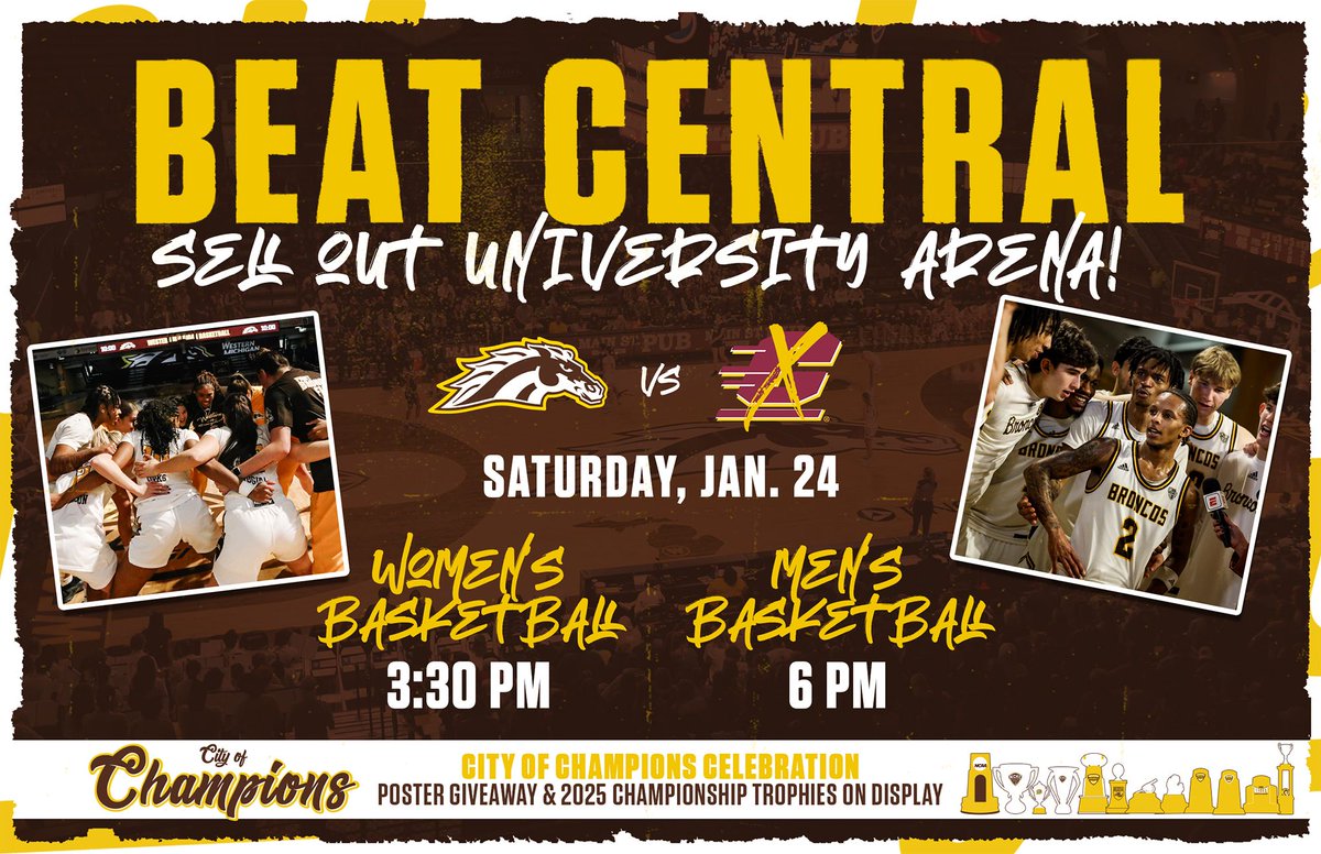 WMU_WBB's tweet photo. 1️⃣ Week from today, let’s pack University Arena and help the Broncos Beat CMU‼️ 

Your ticket gets you into 2 games for 1 low price of only 5️⃣ dollars!
🎟️ https://t.co/90dXfU7eOI 

#BroncosReign🐎 https://t.co/p033tzsDaN