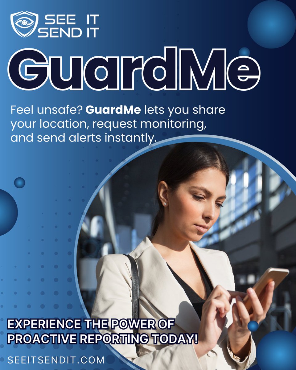SeeItSendIt's tweet photo. Get your peace of mind back with our GuardMe feature. With instant alerts sharing your location and monitoring, you will feel safer knowing help is already on the way. 

Encourage your state representatives to check out See It Send It and request a demo!
https://t.co/mKSCwdcu2s https://t.co/bl5o1c8VU2