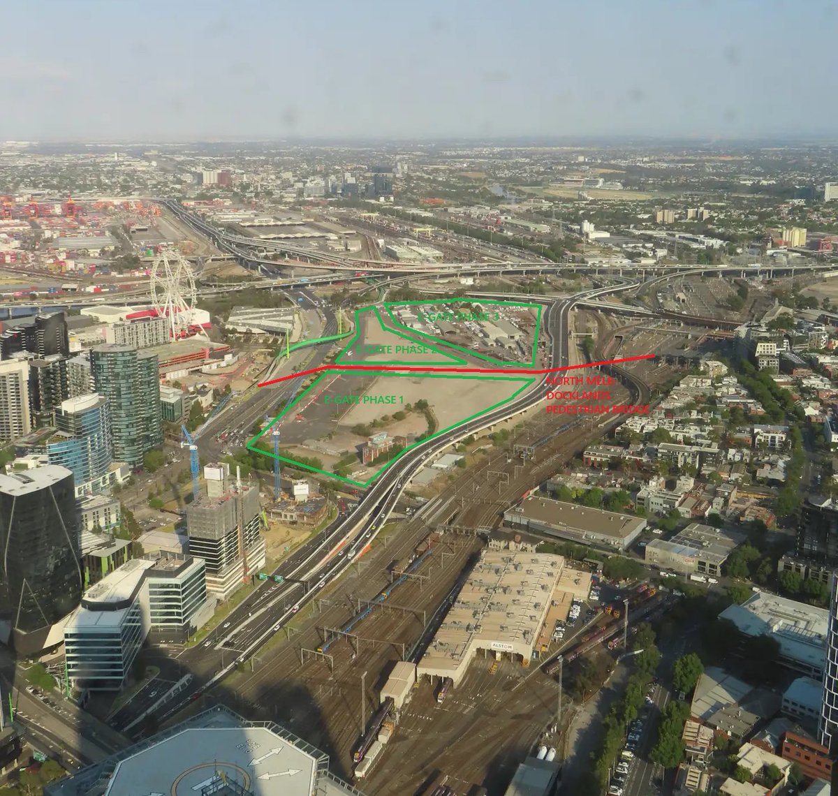 Infra-foaming about pedestrian bridges again. 

E-Gate phasing added by me (I figured it'll take a while to move all the infrastructure in 3 so focusing development on 1 and 2 might help pay for relocating equipment in 3? Or just don't redevelop 3). Either or BUILD THE BRIDGE.