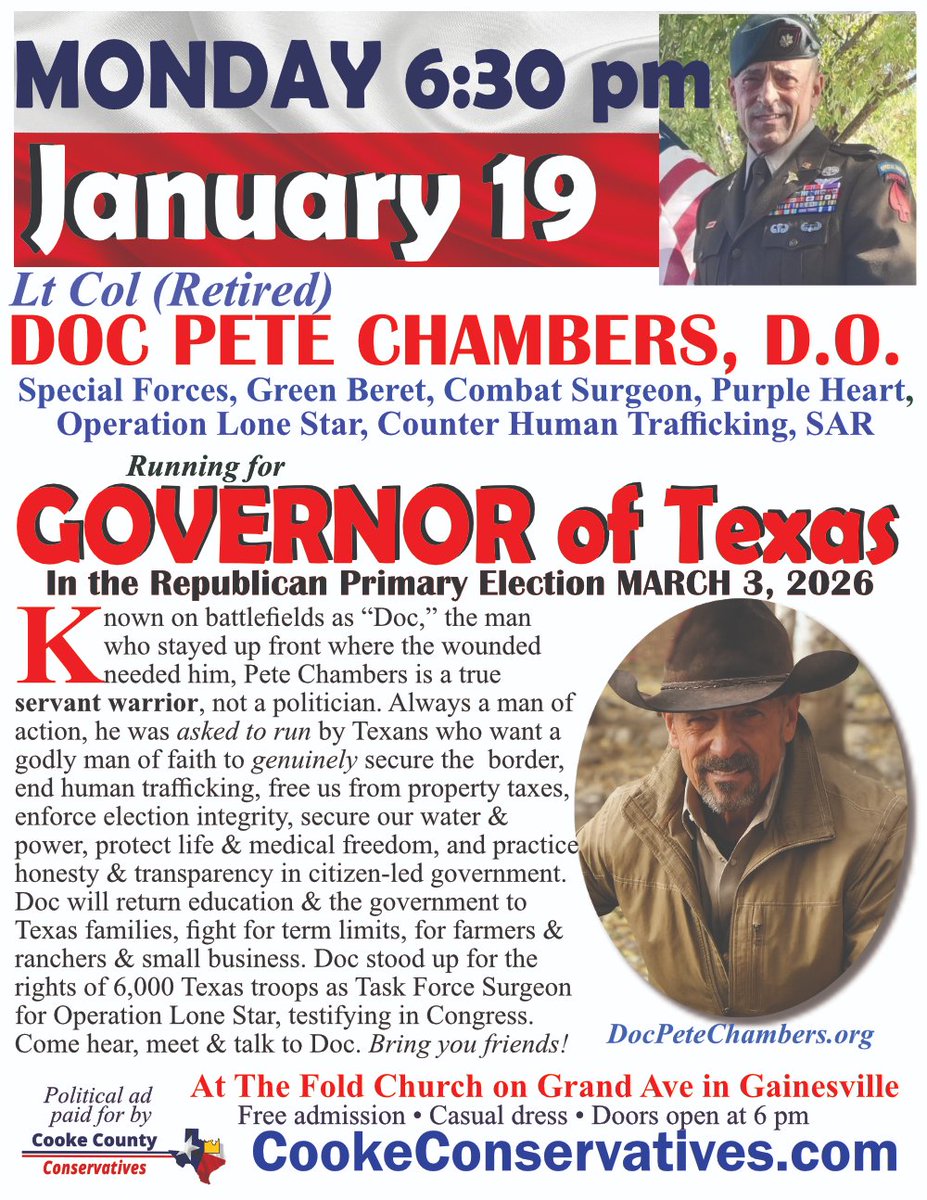 💥Cooke County - Gainesville Area 💥
MONDAY - Jan 19th - Doors open 6:00pm!
Make plans to attend and hear Doc's vision for Texas!!
<a href="/DocPeteChambers/">Doc Pete Chambers</a> 👇
<a href="/DocPete4Texas/">DocPeteChambersForTexas</a>