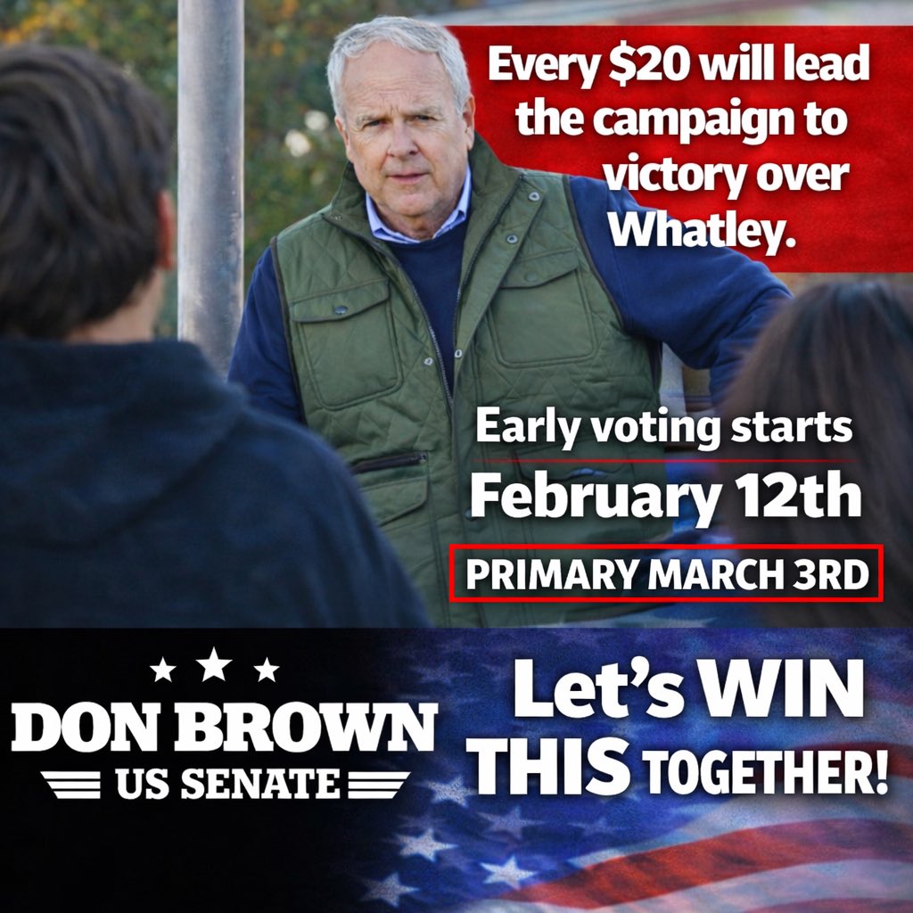 donbrownfornc's tweet image. Every $20 helps lead this campaign to victory.
Please consider donating today.

🗳 Early Voting begins February 12
🇺🇸 Primary Election — March 3

Let’s win this together.
Thank you.

👉 Donate here:
secure.anedot.com/don-brown-for-…