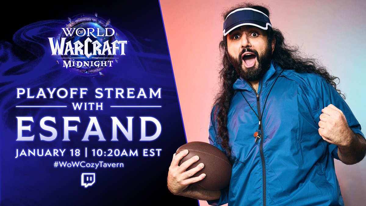 We’re headed to the #WoWCozyTavern with <a href="/EsfandTV/">Esfand</a>! 

Who knows, maybe a bunch of Midnight codes will drop during the stream.

The 🏈 pregame starts Jan. 18, at 7:20am PST | 10:20am EST: twitch.tv/esfandtv