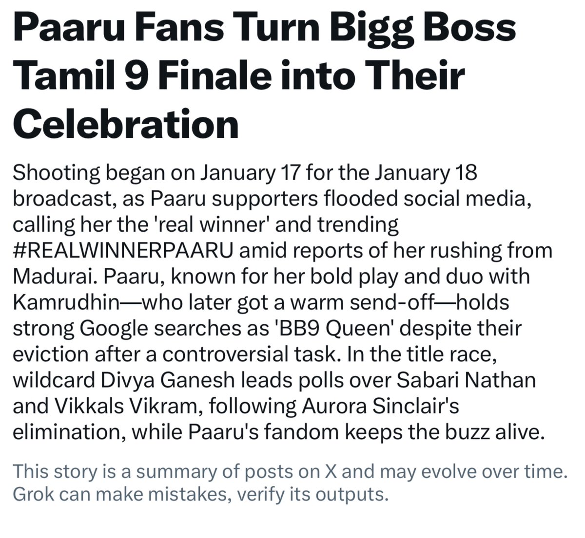 Paaru 🔥🔥

<a href="/parvathy_saran/">vjpaaru</a> 😎

OGPAARUATFINALE ❤️‍🔥

#REALWINNERPAARU 🏆💯

#BiggBossTamil9 #BiggBoss9Tamil #BiggBossTamil #VJParvathy #VJPaaru