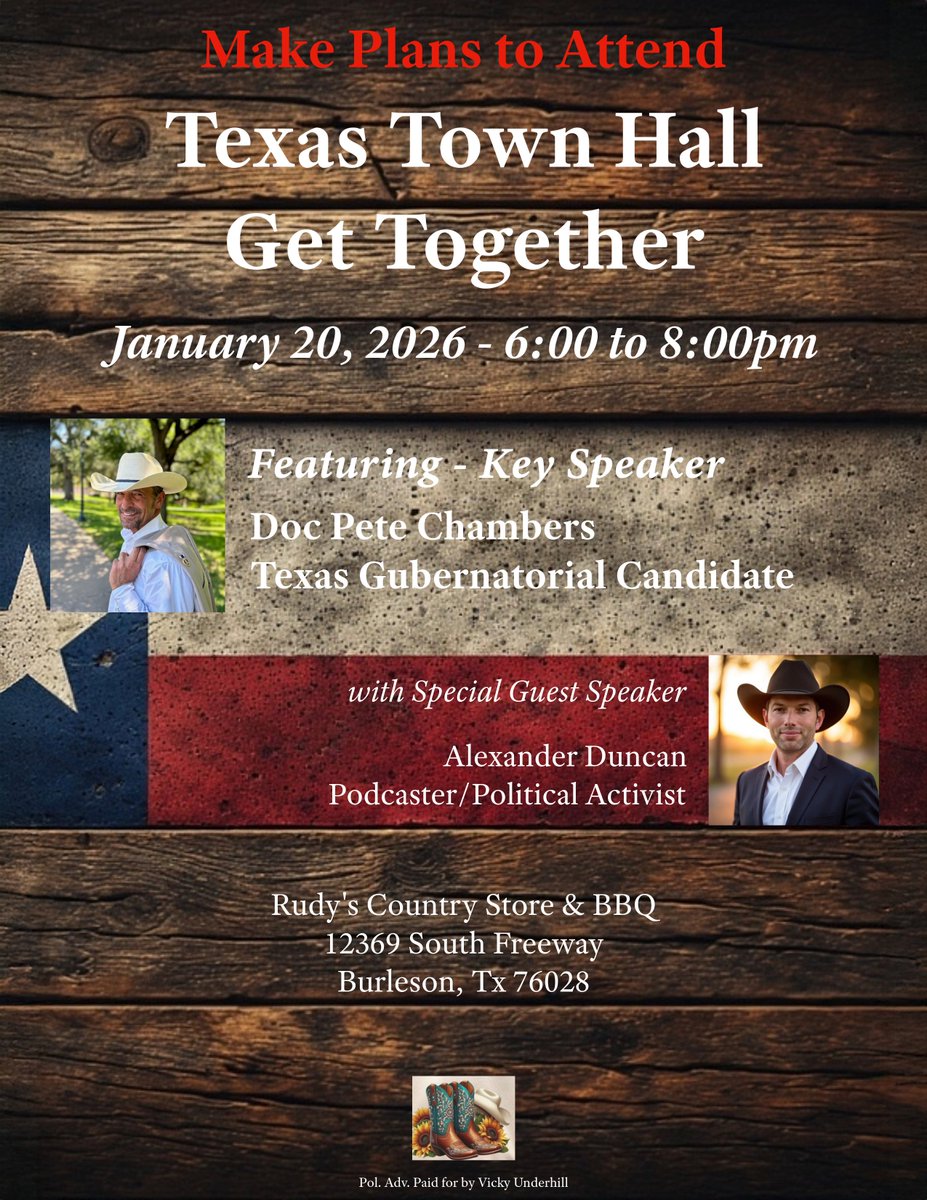 🔥Johnson/Tarrant Counties - Burleson area🔥
TUESDAY, Jan 20th from 6:00 to 8:00pm
Come out to the Texas Town Hall Get Together!
<a href="/DocPeteChambers/">Doc Pete Chambers</a> 👇
<a href="/DocPete4Texas/">DocPeteChambersForTexas</a>