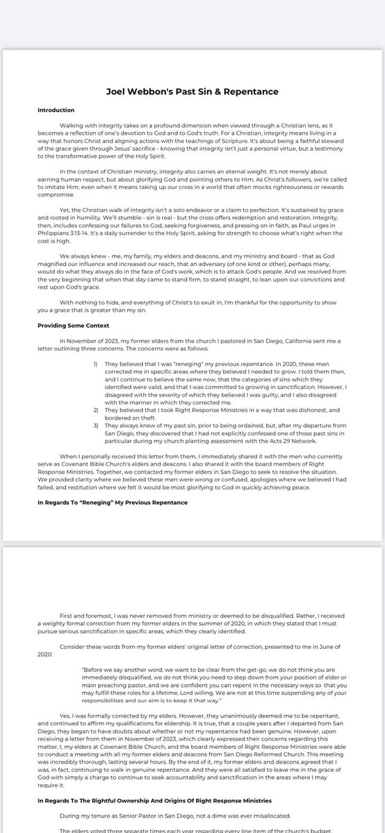 Wesley_Todd_'s tweet image. Chris this is one of the most dishonest and wicked framings possible. 

Joel was never removed. In fact every signee of that letter reaffirmed Joel being qualified for ministry and invited him back to preach at their church(!) after he responded with answers to their charges.…