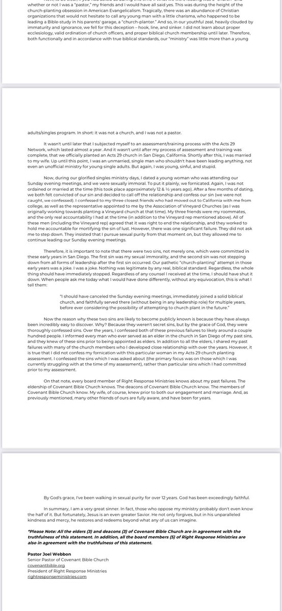 Wesley_Todd_'s tweet image. Chris this is one of the most dishonest and wicked framings possible. 

Joel was never removed. In fact every signee of that letter reaffirmed Joel being qualified for ministry and invited him back to preach at their church(!) after he responded with answers to their charges.…