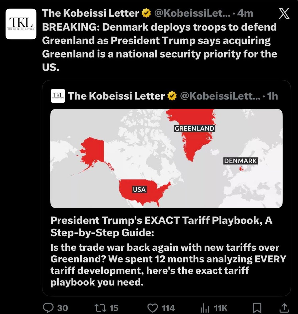 Cryptnet7's tweet image. Dinamarca acaba de desplegar tropas para defender Groenlandia.
Esto ocurre justo después de las declaraciones de Trump.
Y, otra vez, pasa en fin de semana, cuando la liquidez es mínima.
No es un detalle menor. Con poca liquidez, cualquier noticia se amplifica.