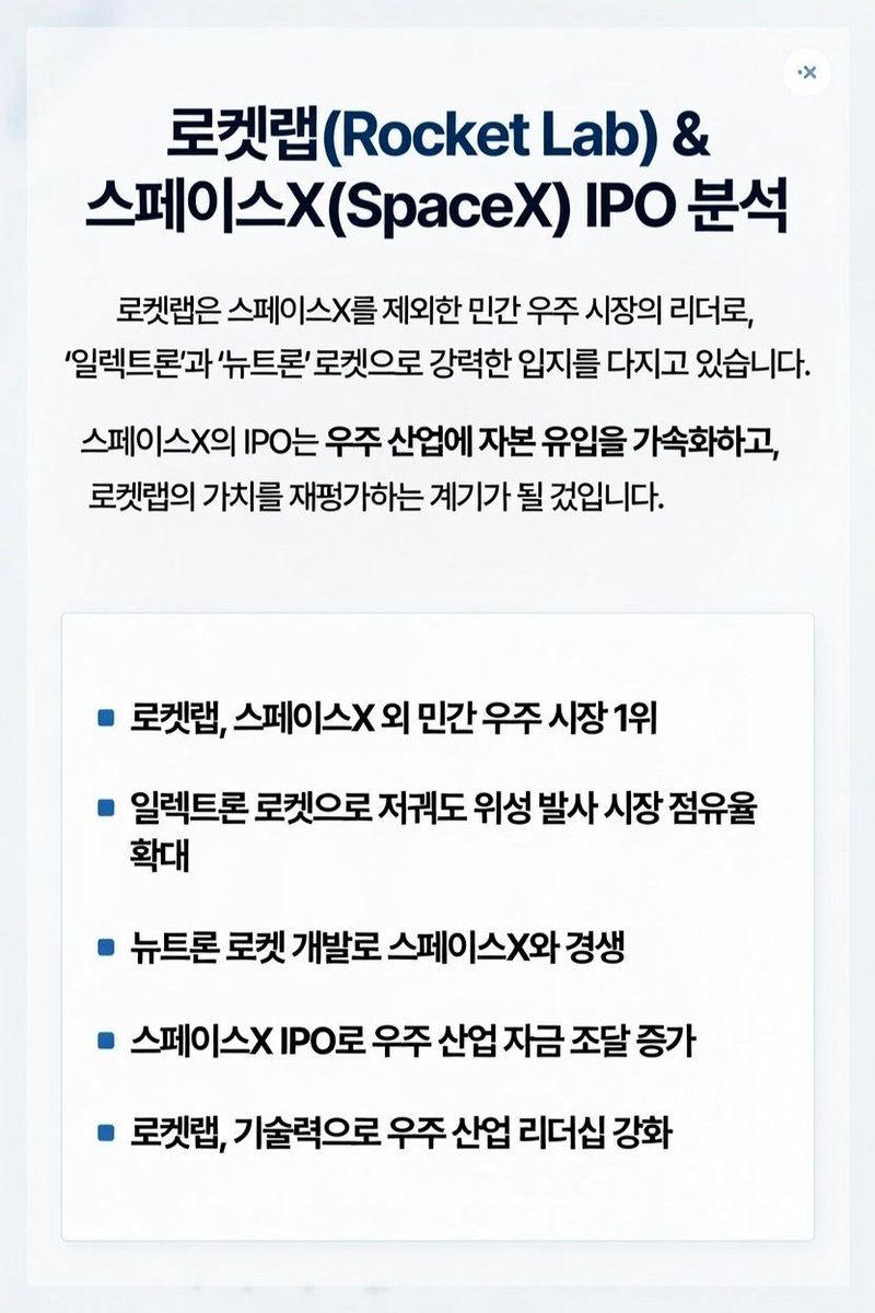 지난 11월 부터 로켓랩 주가가 2배가 넘게 올랐습니다. 그리고 올해 스페이스X의 IPO가 언급 되고 있습니다. 과연 기업공개시 로켓랩에  어떤 영향을 미칠지 알아 보았습니다. 관심 있는 분들 참고 하세요. 로켓랩(Rocket Lab)에 대한 설명과