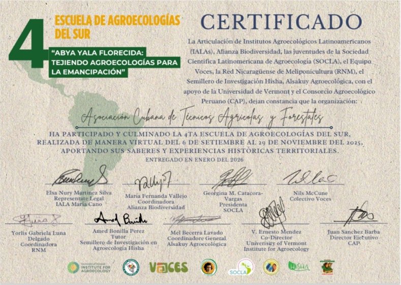Gracias a la 4ta Escuela "Agroecologías desde El Sur" por tantos aprendizajes. Ya recibimos los certificados de graduados. Pude representar a <a href="/actaf/">acta f</a> <a href="/gjaactaf/">Grupo de Jóvenes Agreocólogos</a>
<a href="/EE_IndioHatuey/">Estación Experimental Indio Hatuey</a>  <a href="/universidad_um/">Universidad de Matanzas</a>
<a href="/CubaMES/">MES</a> ❤️🇨🇺🌎🙋‍♀️👨‍🔬📢