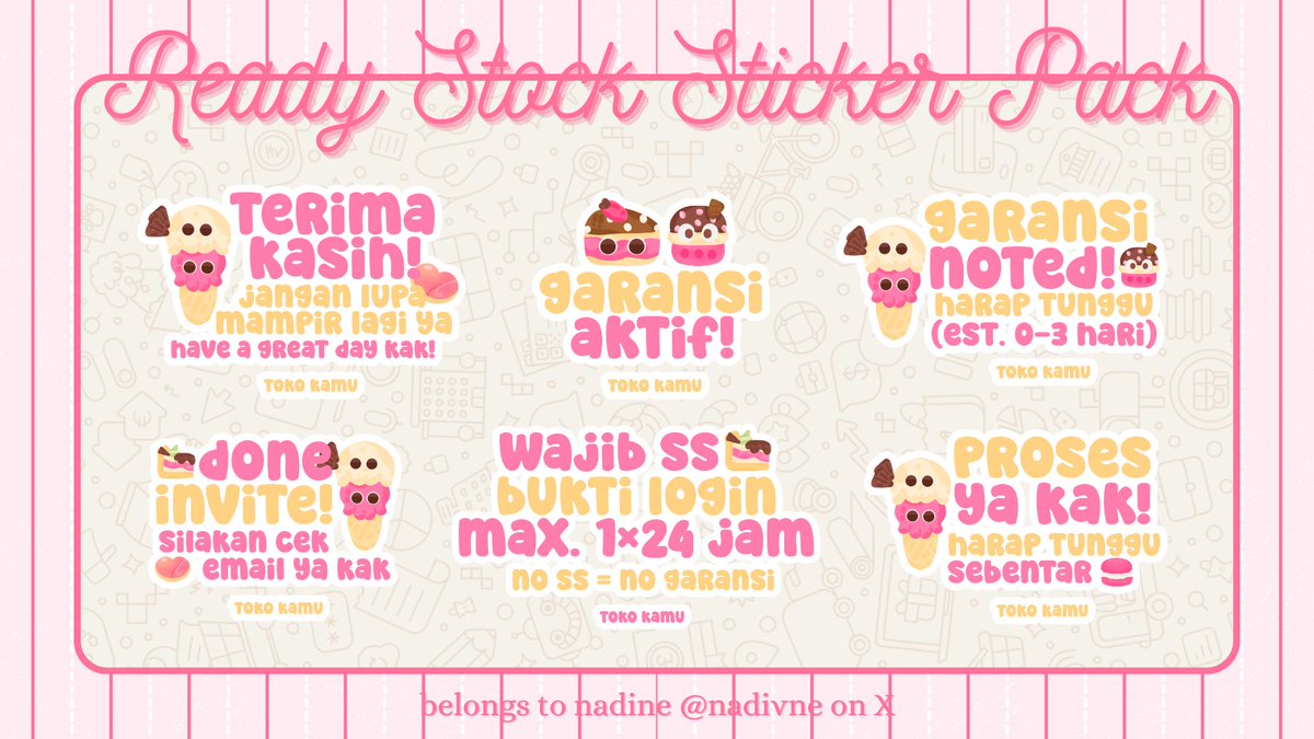 nadivne's tweet image. 🧸 ׅ 𝅄  bantu repost, terima kasih!  ◌ :3  ⠲ 𓈒 ˚  

こんにちは！ ── nadine membawa 4 sticker pack ready stock yang bisa dijemput! wajib cek detail di ALT sebelum jajan yaaw, ketuk wasapku jika berminat! met jajan manteman 𓂃 ₊ ♡ 🎡✨ ılı 𓈒 ۫ ⠖

#zonauang #zonajajan