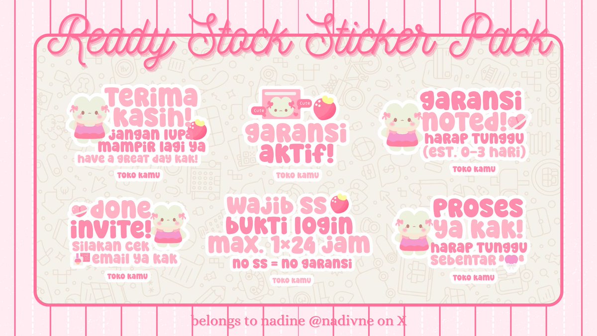 nadivne's tweet image. 🧸 ׅ 𝅄  bantu repost, terima kasih!  ◌ :3  ⠲ 𓈒 ˚  

こんにちは！ ── nadine membawa 4 sticker pack ready stock yang bisa dijemput! wajib cek detail di ALT sebelum jajan yaaw, ketuk wasapku jika berminat! met jajan manteman 𓂃 ₊ ♡ 🎡✨ ılı 𓈒 ۫ ⠖

#zonauang #zonajajan