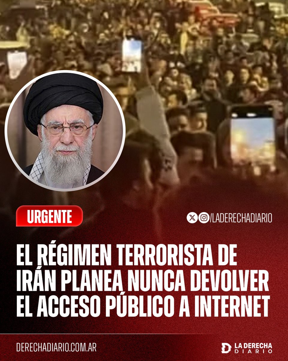 laderechadiario's tweet image. 🚨🇮🇷 | #URGENTE Tras más de 220 horas sin internet en Irán, el régimen terrorista islámico de Alí Jamenei planea nunca devolver el acceso público a internet y convertirlo en un privilegio gubernamental para aislar a la población definitivamente, de forma similar a Corea del…