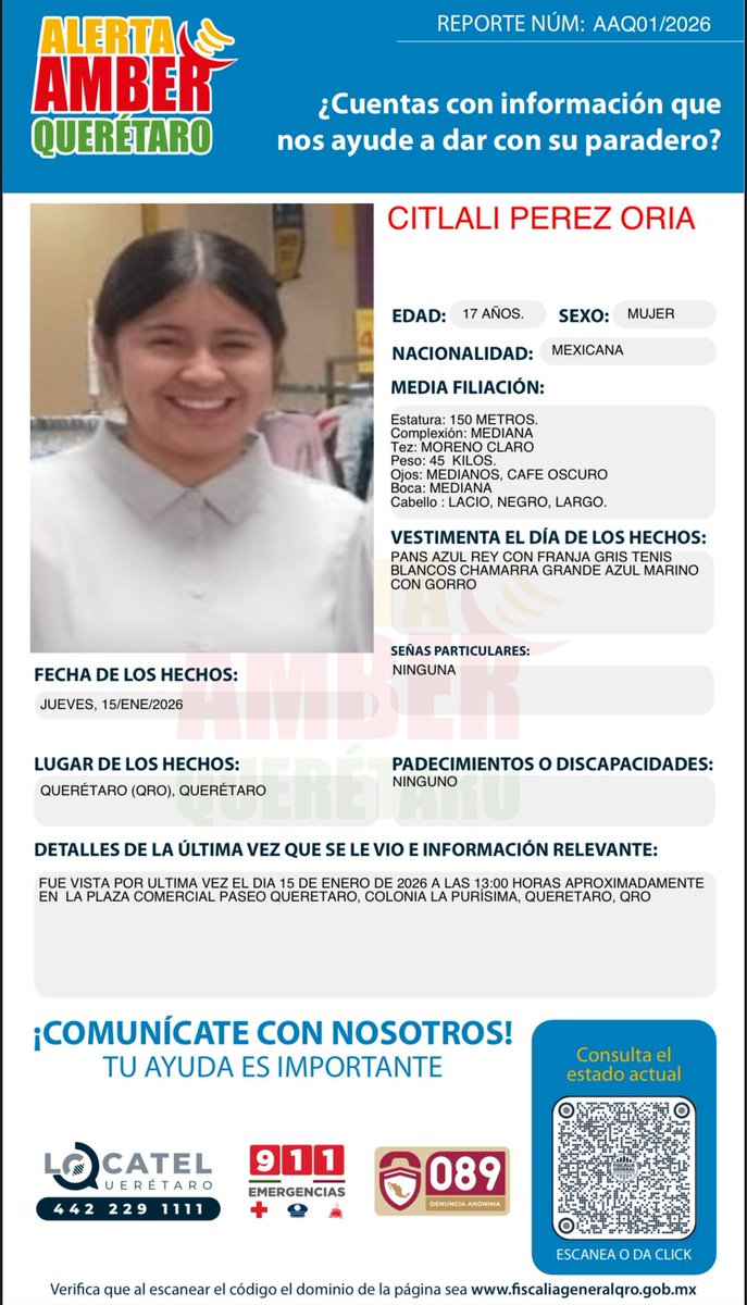 qrocomunicado's tweet photo. #AlertaAMBER | #Querétaro 🔴 La Fiscalía General de Querétaro, hace una convocatoria de colaboración a la ciudadanía, para la búsqueda y localización de CITLAI PEREZ ORIA, CARMEN ESMERALDA MENDIETA OVIEDO, MARJORIE TAMAYO AYQUIPA Y AIRAM JOSELINE LARA MONTES 📢🔎 https://t.co/KtlZocDGBm