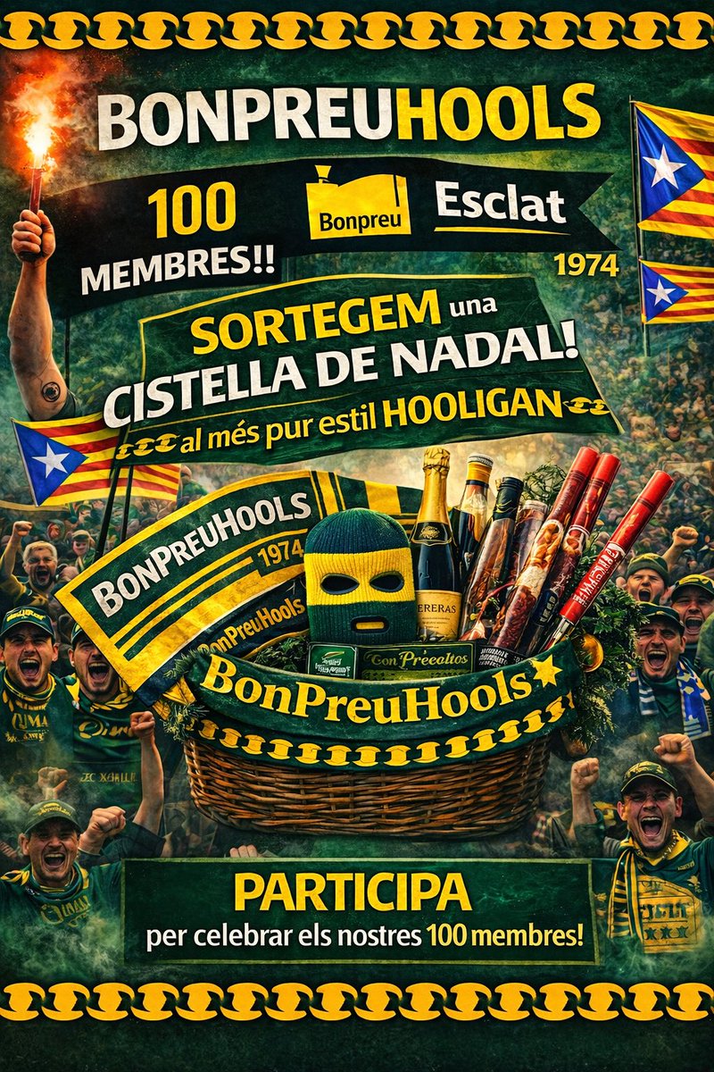 Gràcies als més de 100 membres (a TikTok).
Demà escollirem aleatoriament un de vosaltres i s’emportarà la cistella de nadal hooligan de BonPreuHools💚💛
Estigueu atents. PvTA ESPANYA i PvTA PSC🤚🏼