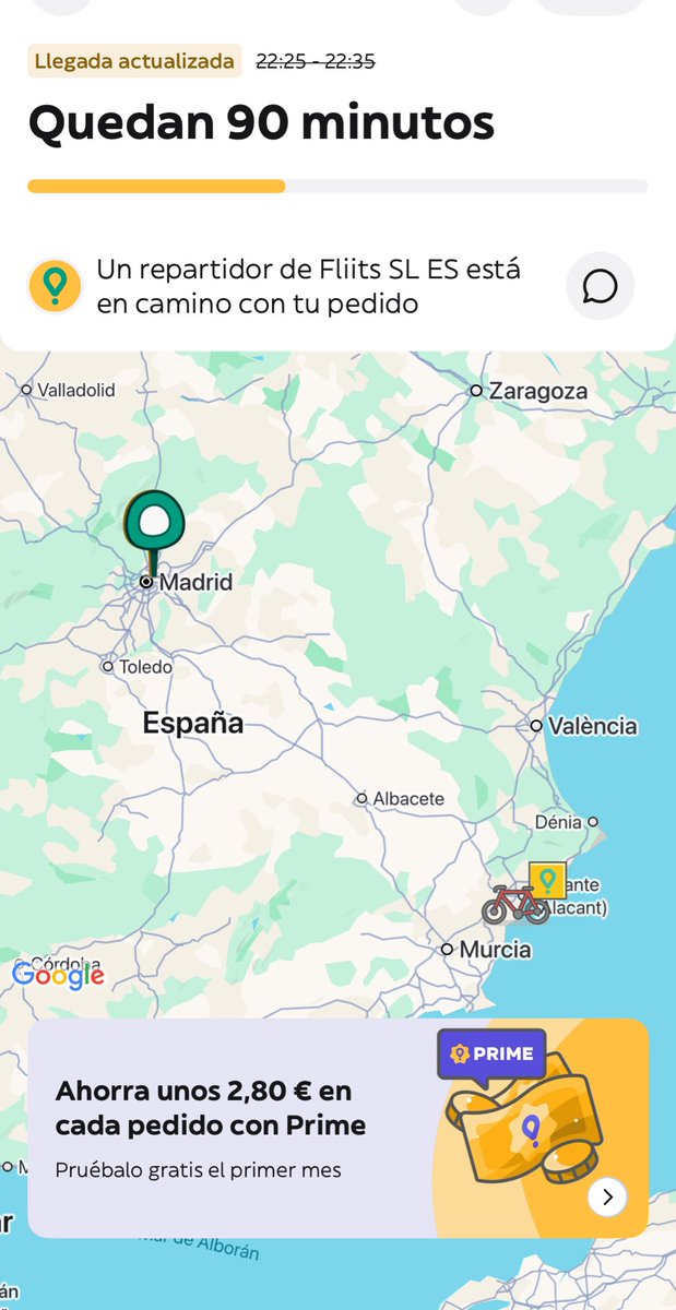 ablanco_6's tweet photo. @Glovo_ES 

1 hora y media después de haber pedido en Glovo (con el repartidor parado 30 minutos en el mismo punto), la aplicación actualiza con un nuevo repartidor a 350km.

La solución final: Glovo cancela el pedido y regala un cupón de 2.50€. Gestión al cliente impecable 👍 https://t.co/VzlTAoGJbs