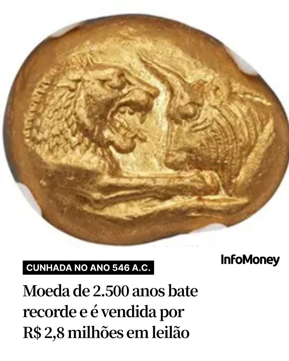 infomoney's tweet image. MOEDA IMPRESSIONA PELO ESTADO DE CONSERVAÇÃO

Uma das primeiras moedas produzidas na história da humanidade, um stater de ouro da Lídia, foi vendida no último dia 12 de janeiro por US$ 536,8 mil (cerca de R$ 2,8 milhões), em leilão promovido por uma das maiores casas de leilões…