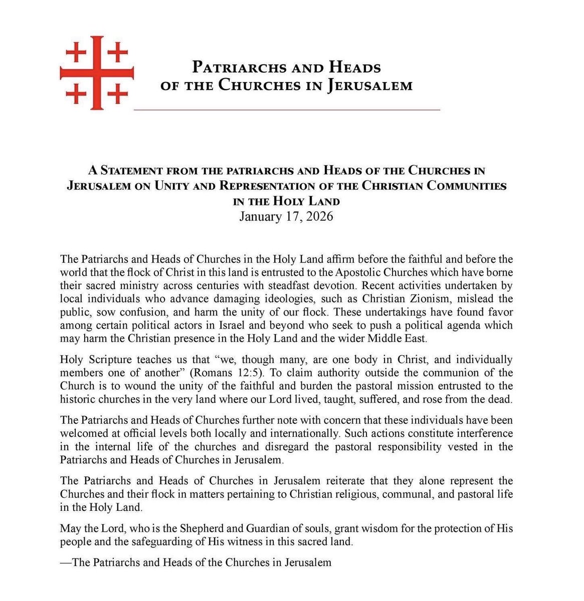 CatholicArena's tweet image. BREAKING 

The Patriarchs and Heads of the Churches in Jersualem have issued a letter CONDEMNING 'damaging ideologies' such as 'Christian Zionism' 

In a stunning statement, they lament those who 'have misled the public' and who have an agenda which 'may harm the Christian…