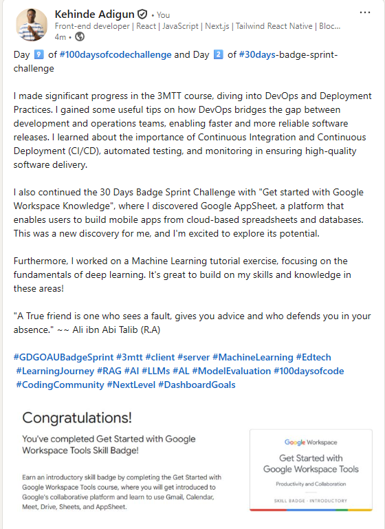 Day 9 done

linkedin.com/in/kehinde-adi…

For daily quote: kehad-quotes-generator.onrender.com