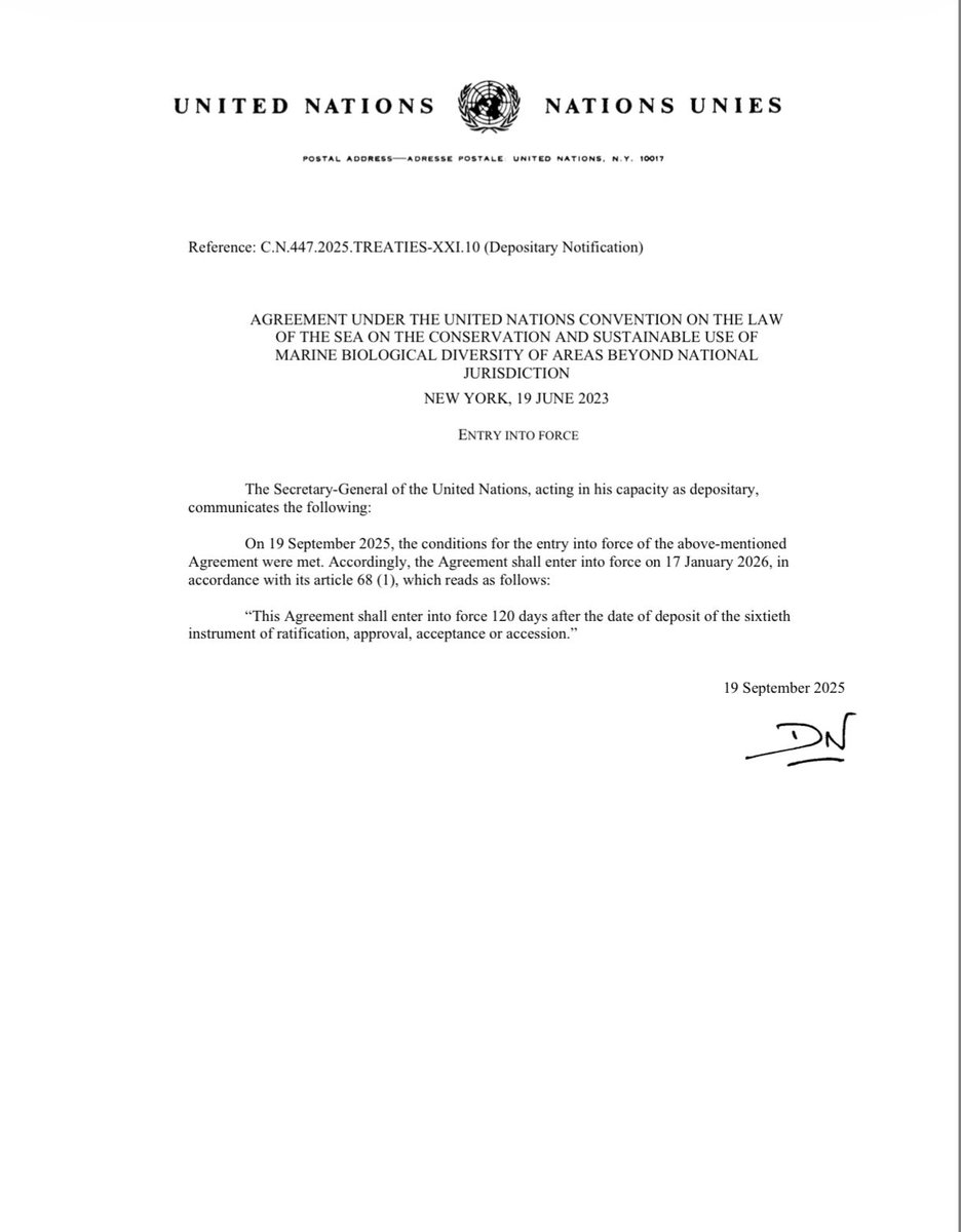 📸Hoy entró en vigor el Acuerdo relativo a la Diversidad Biológica Marina de las Zonas Situadas Fuera de la Jurisdicción Nacional, 1er instrumento internacional jurídicamente vinculante para la conservación y uso sostenible de 2/3 partes del océano, que procura la gobernanza