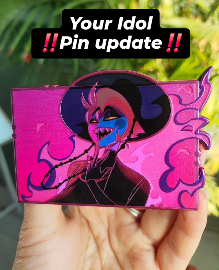 Your Idol Pin Update‼️
Lucifer is done, Alastor needs ~1 more week (he's ornery &amp; had a print flaw).

After completion ~10 days to arrive then we grade &amp; pack! They'll go out in waves over 1-2 weeks!

I appreciate your patience &amp; will continue to update! 💖