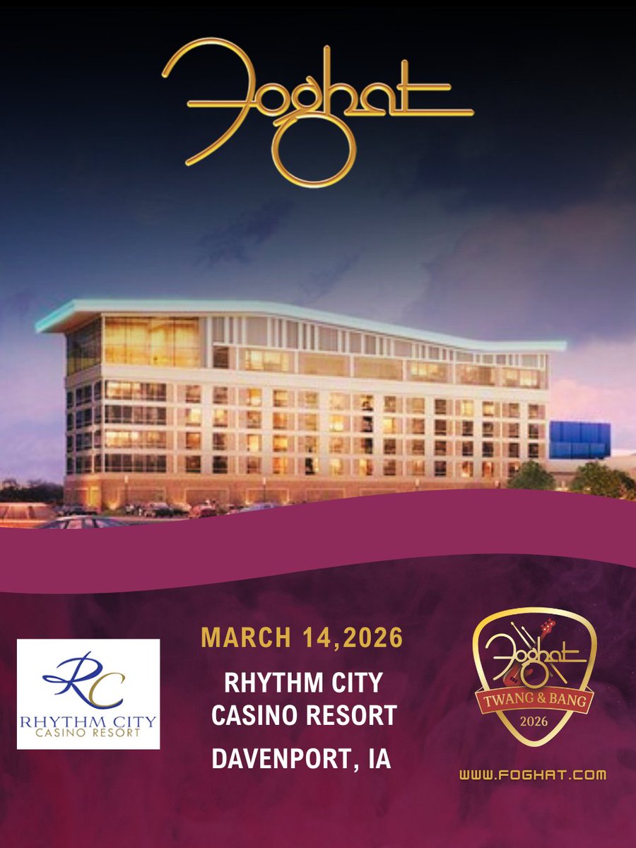 FOGHAT's tweet photo. Davenport, IA! We’re heading to Rhythm City Casino on March 14th to play with Head East! 🎶 Mark your calendars and get ready for a night of rock ’n’ roll!
🎟️ Tickets & info: https://t.co/5mMItGcY9S
#foghat #classicrock #slowride #foolforthecity #70srock #rocklegends #rockand https://t.co/dL2s5NaJbd