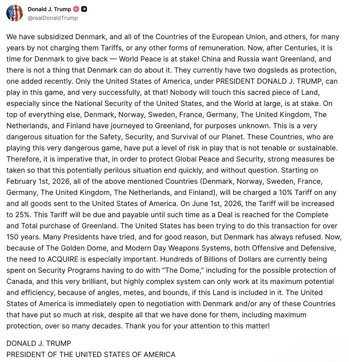 I am an American. I love my country. But today I side with the people of Denmark, Greenland and the European Union over this insane, immoral, corrupt, treasonous and vile President of the United States.