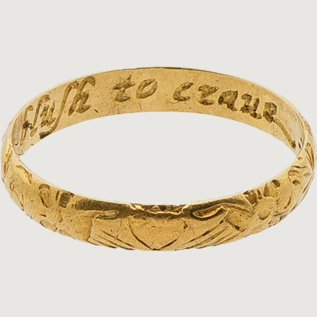 17th c. posy ring bearing the inscription, “I long to have but blush to crave.”