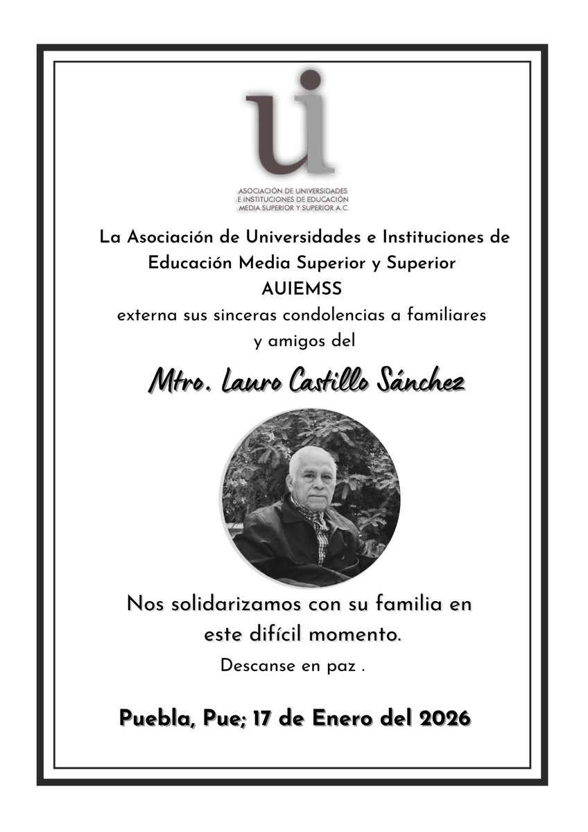 AUIEMSS expresa sus más sinceras condolencias a familiares y amigos del 𝑴𝒕𝒓𝒐. 𝑳𝒂𝒖𝒓𝒐 𝑪𝒂𝒔𝒕𝒊𝒍𝒍𝒐 𝑺𝒂́𝒏𝒄𝒉𝒆𝒛, destacado servidor público en Puebla y ex Síndico Municipal del H. Ayuntamiento de Puebla.

Nuestra solidaridad con su familia. Q.E.P.D.