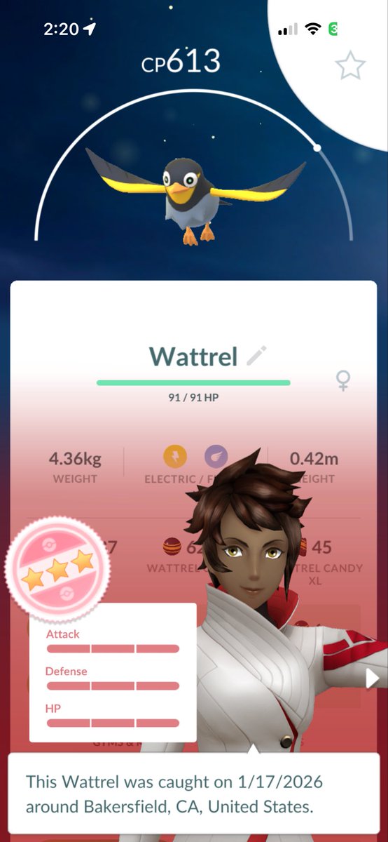 Just realized that I caught a hundo Wattrel in the wild this morning. 
#PokemonGo #Hundo