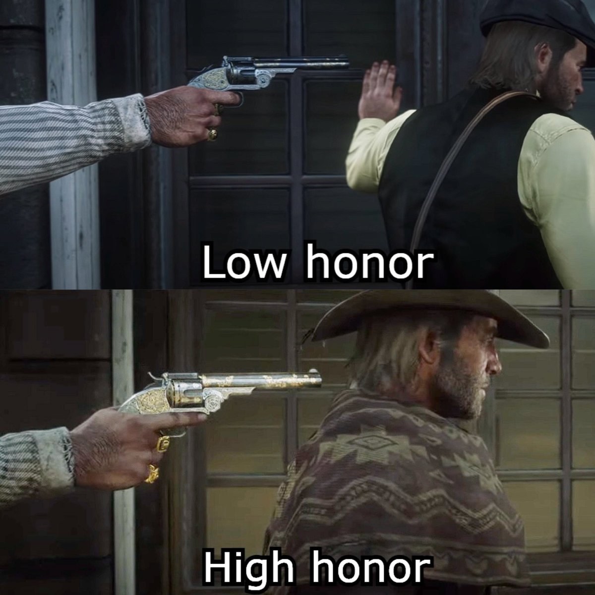 GTASixJoker's tweet image. In Red Dead Redemption 2, cutscenes can change depending on Arthur's honor level...

On this mission, Dutch will approach Arthur with his gun cocked if the player has low honor, but if you have high honor, he takes his finger off the trigger.

This game never fails to impress me.