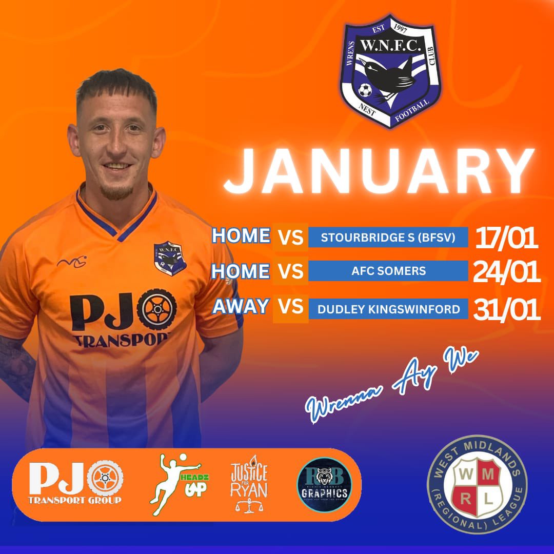FIXTURE NEWS 🟠🔵

Back to league action for the rest of January as we host AFC Somers &amp; travel to Dudley Kingswinford 🔜

#wrennaaywe🧡💙