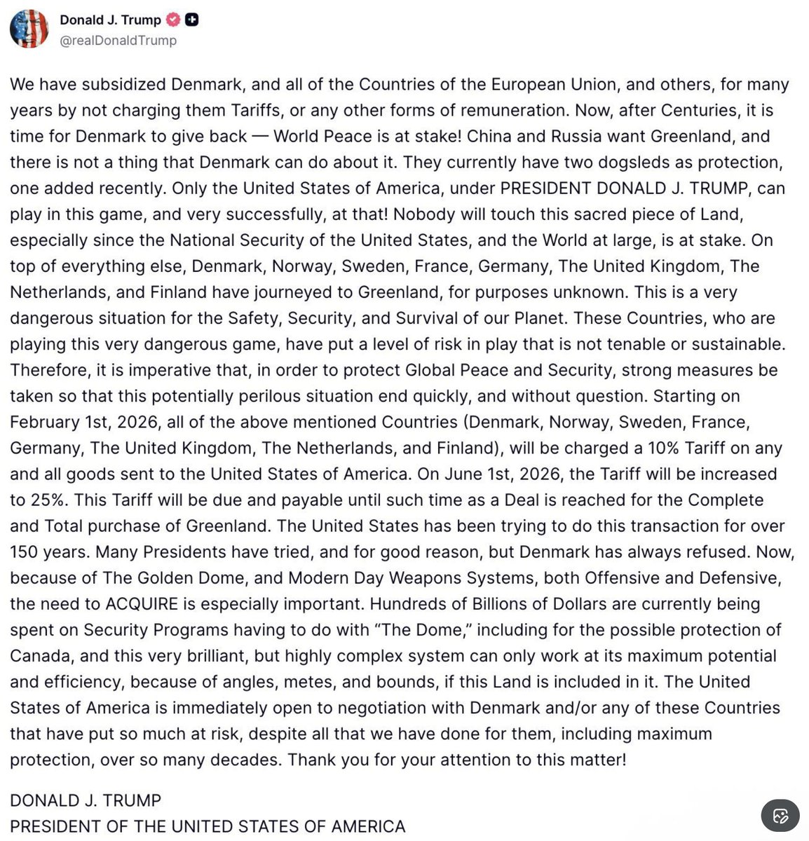 First off, I want the US to acquire Greenland -- fairly and legally. But this is extortion against America's allies. It cannot be the case that this or any American president has the power to do this. It's obscene. He's not effing Caesar!