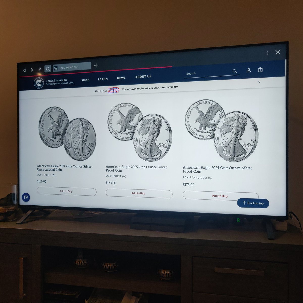 Usmint.gov 
#Silver one ounce $169 uncirculated
#Silver one ounce $173 proof