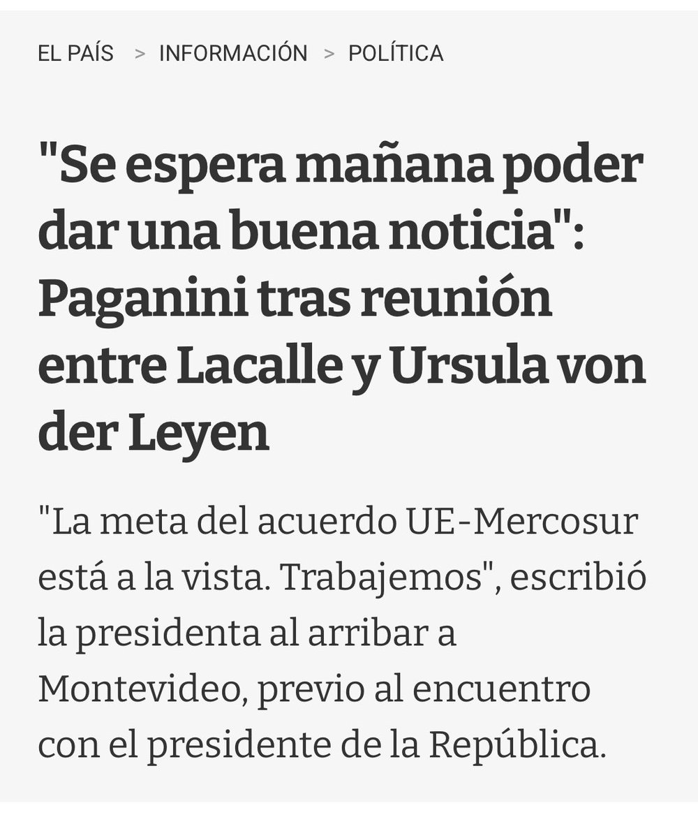 Gracias al gran acuerdo “Lacalle Pou-Ursula Von der Leyen” del 6 de Diciembre de 2024, se concretó el OK del Parlamento Europeo que era la única duda.

Hoy, gracias a un PRESIDENTE que no pensó en su Partido, sino el PAÍS, tenemos Mercado Común!

Gracias <a href="/LuisLacallePou/">Luis Lacalle Pou</a> 🇺🇾