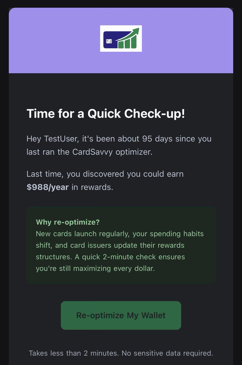 card_savvy_app's tweet image. New feature drop for CardSavvy: Quick Check-up ✅

If you haven’t run the Optimizer in ~90 days, we’ll remind you to re-check your wallet. 

#CreditCards #PersonalFinance #RewardsPoints #BuildInPublic